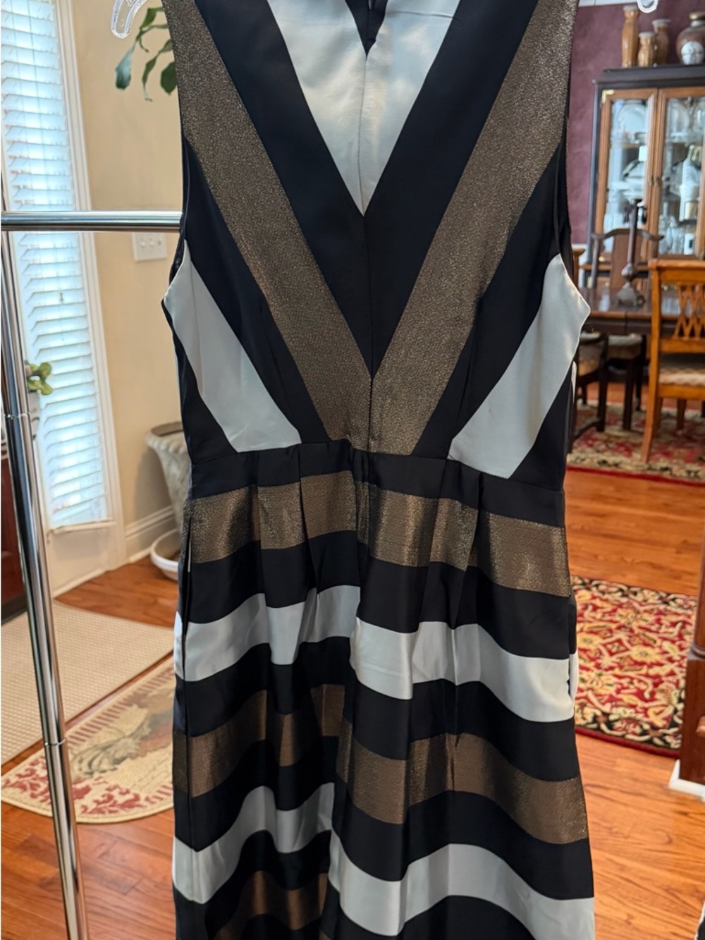 Sleeveless V-Neck Striped Evening Dress in Black, Gold & White